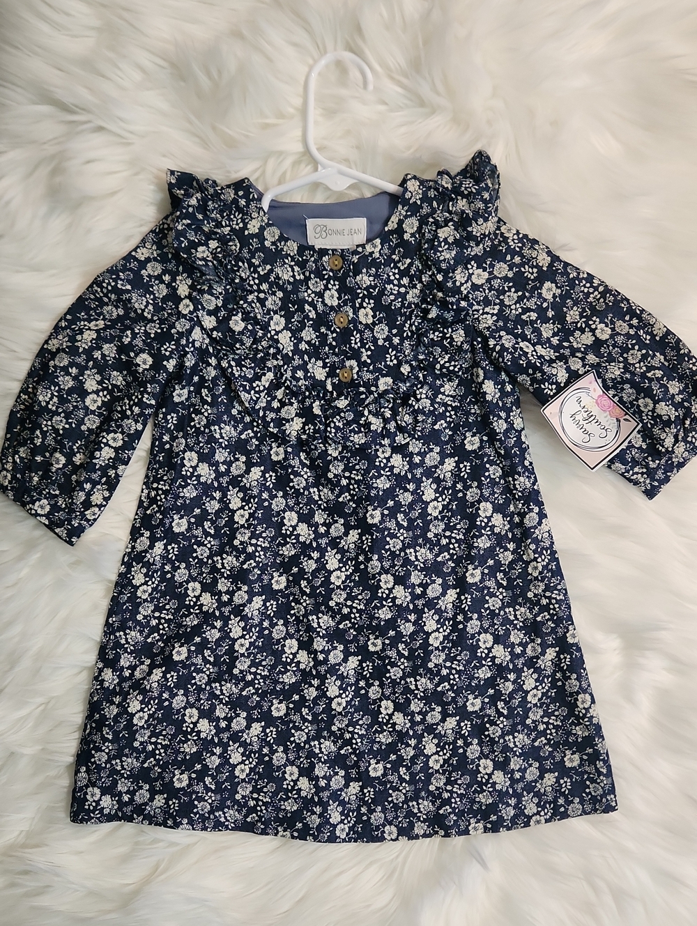 Navy & White Floral Ruffle Dress - Kids Size: 2T - Brand: Bonnie Jean